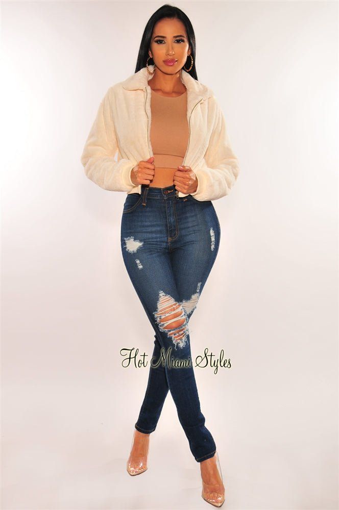 Cream Fuzzy Cropped Bomber Jacket sold by Hot Miami Styles product image thumbnail 3
