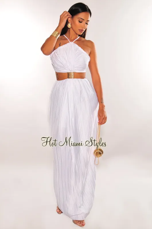 White Pleated Halter Gold Cuff Strappy Cut Out Maxi Dress sold by Hot Miami Styles