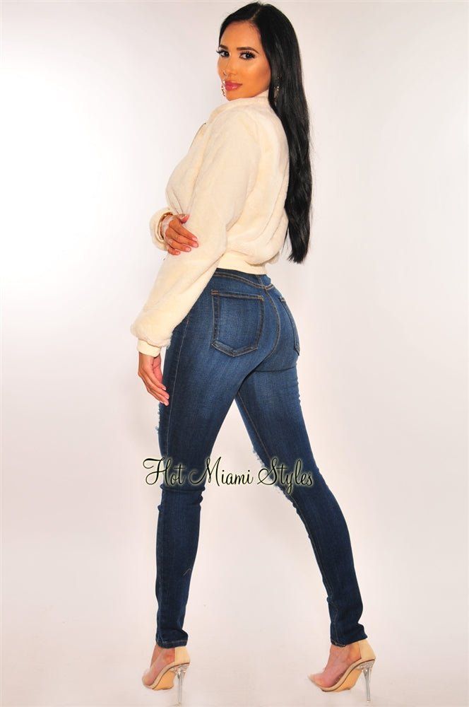 Cream Fuzzy Cropped Bomber Jacket sold by Hot Miami Styles product image thumbnail 4