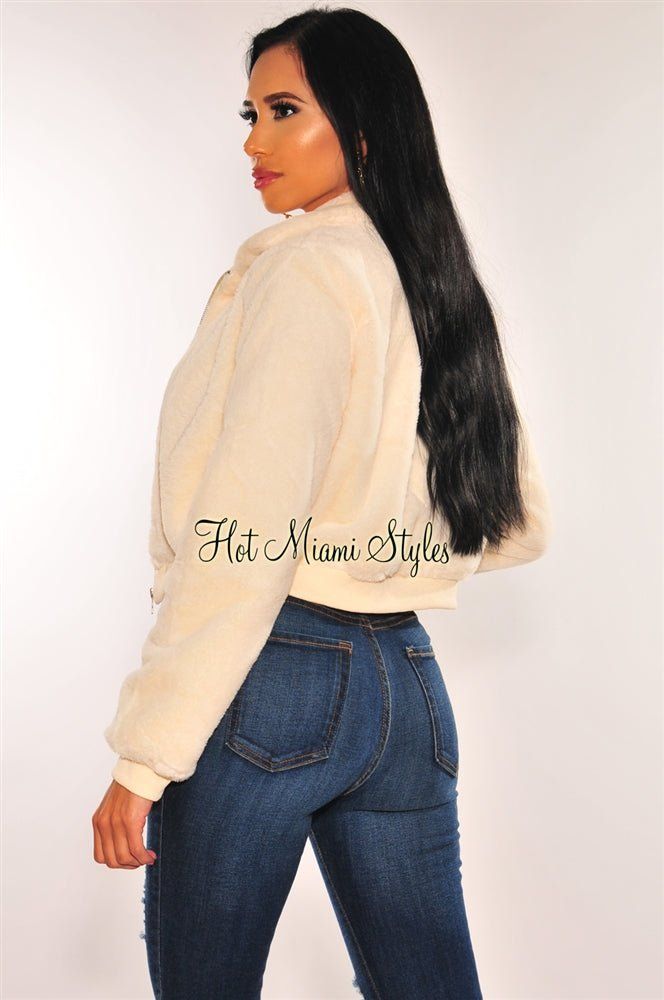 Cream Fuzzy Cropped Bomber Jacket sold by Hot Miami Styles product image thumbnail 2