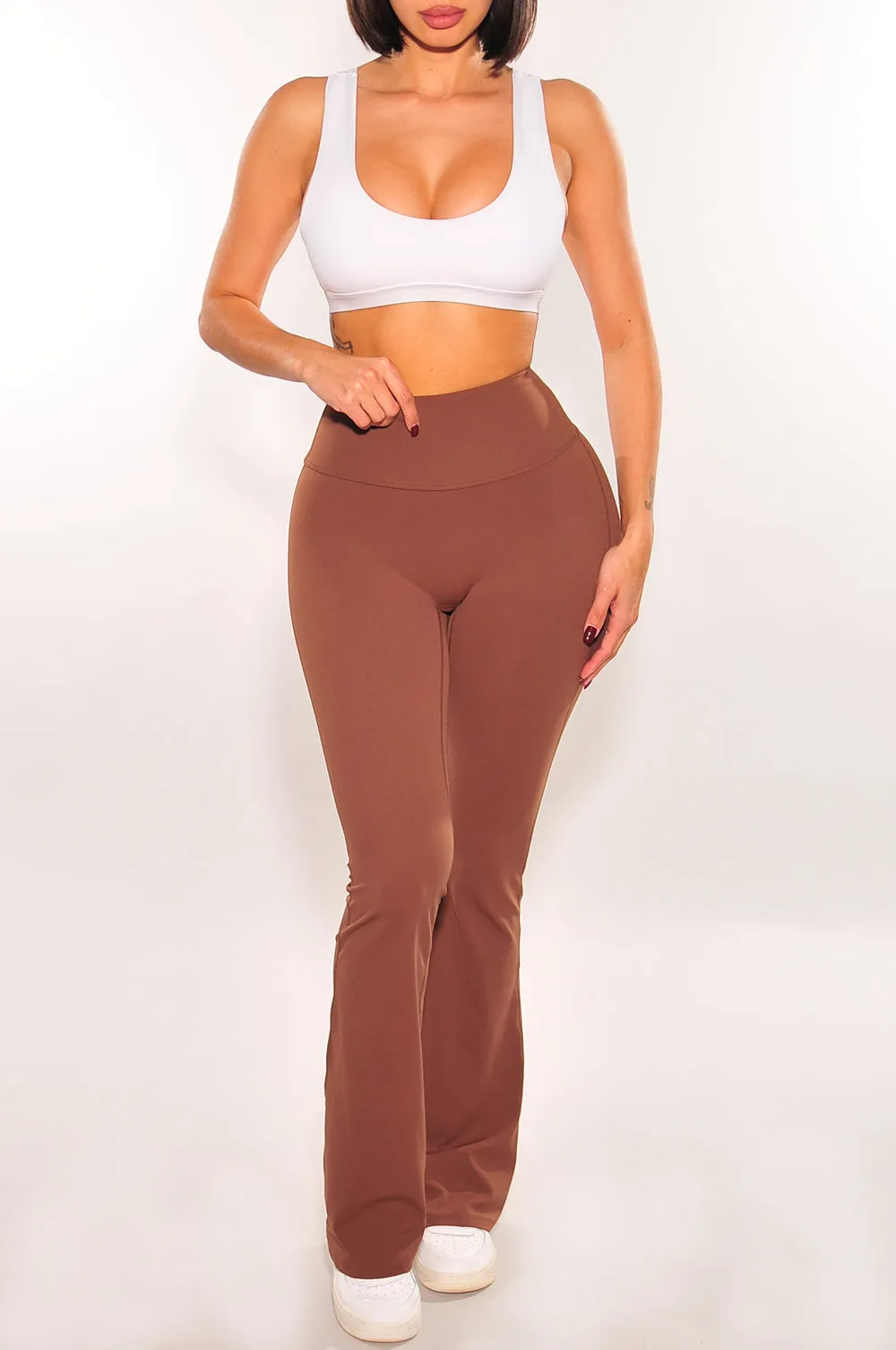 HMS Fit: Chocolate High Waist Flared Scrunch Butt Leggings sold by Hot Miami Styles product image thumbnail 2