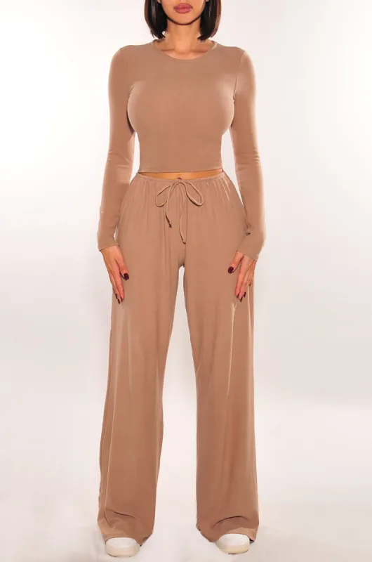 Mocha Long Sleeve High Waist Drawstring Wide Leg Two Piece Pants Set sold by Hot Miami Styles