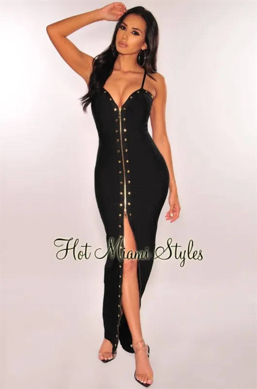 Black Gold Zipper Studded Bandage Maxi Dress sold by Hot Miami Styles