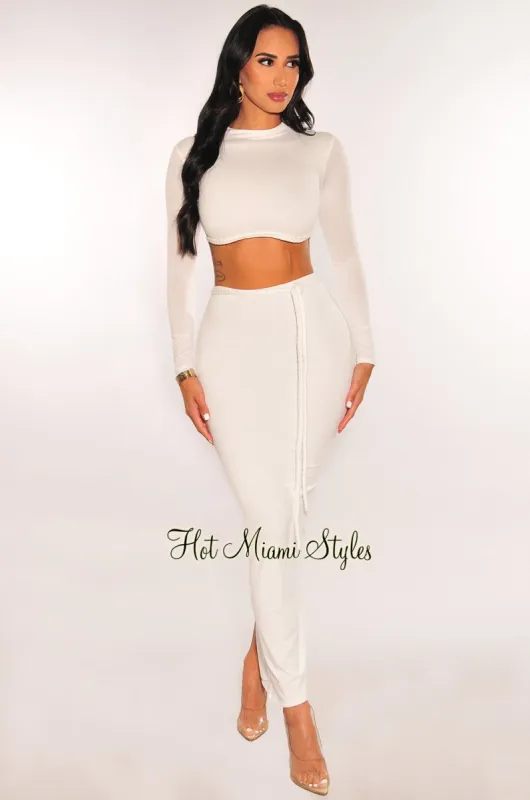 White Long Sleeve Mock Neck Braided Belt Vent Slit Skirt Two Piece Set sold by Hot Miami Styles