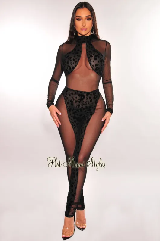 Black Leopard Sheer Mesh Long Sleeve Jumpsuit sold by Hot Miami Styles