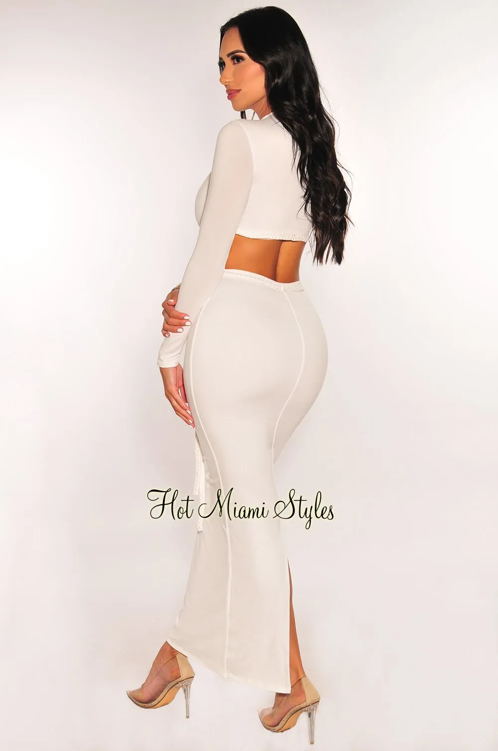 White Long Sleeve Mock Neck Braided Belt Vent Slit Skirt Two Piece Set sold by Hot Miami Styles product image thumbnail 2