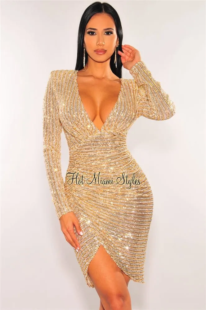 Gold Silver Sequins Plunge Ruched Slit Dress sold by Hot Miami Styles