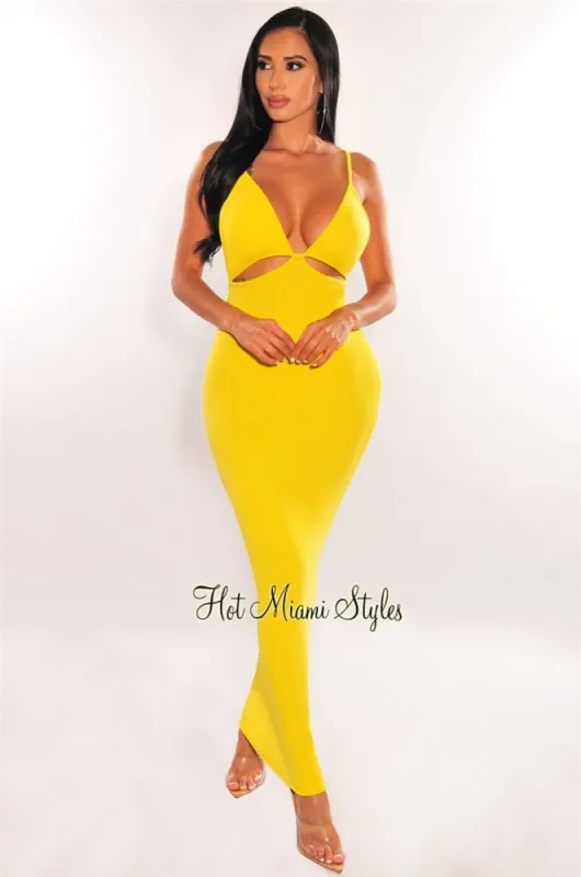Neon Yellow V Neck Spaghetti Straps Cut Out Maxi Dress sold by Hot Miami Styles