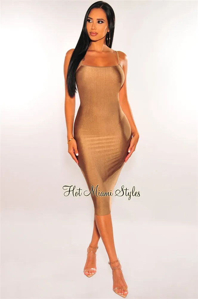 Tan Silky Cut Out Back Slip Dress sold by Hot Miami Styles