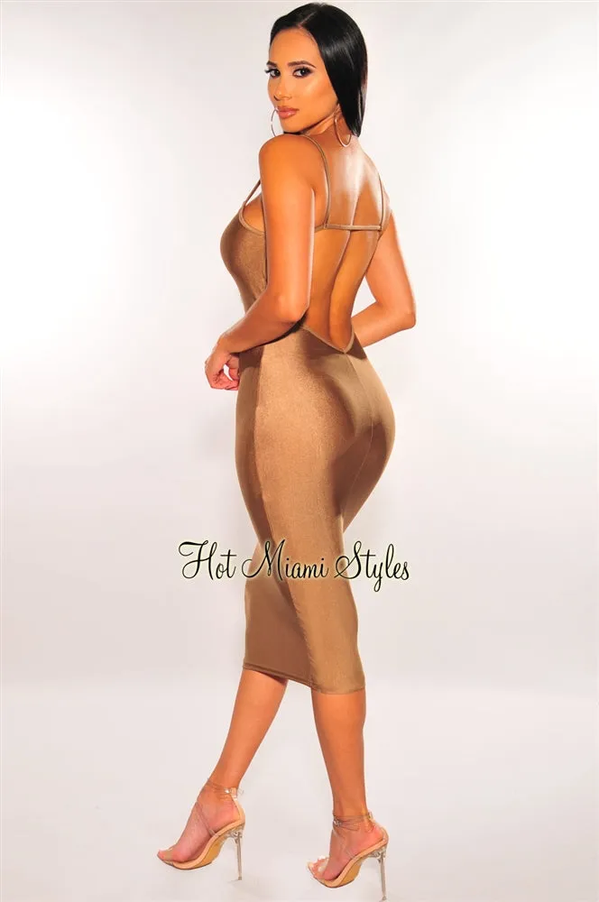 Tan Silky Cut Out Back Slip Dress sold by Hot Miami Styles product image thumbnail 2
