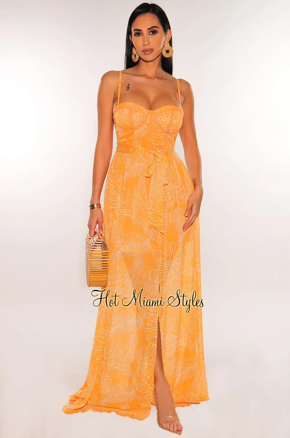 Tangerine Palm Print Belted Boned Bustier Padded Maxi Dress sold by Hot Miami Styles