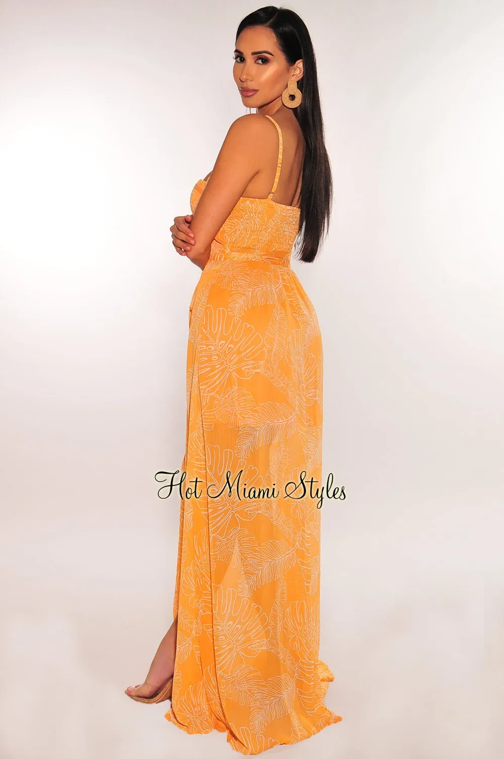 Tangerine Palm Print Belted Boned Bustier Padded Maxi Dress sold by Hot Miami Styles product image thumbnail 2