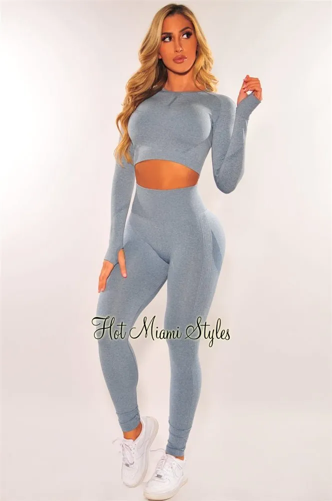 HMS Fit: Dusty Blue Marl Seamless Butt Lifting Leggings Two Piece Set sold by Hot Miami Styles product image thumbnail 2