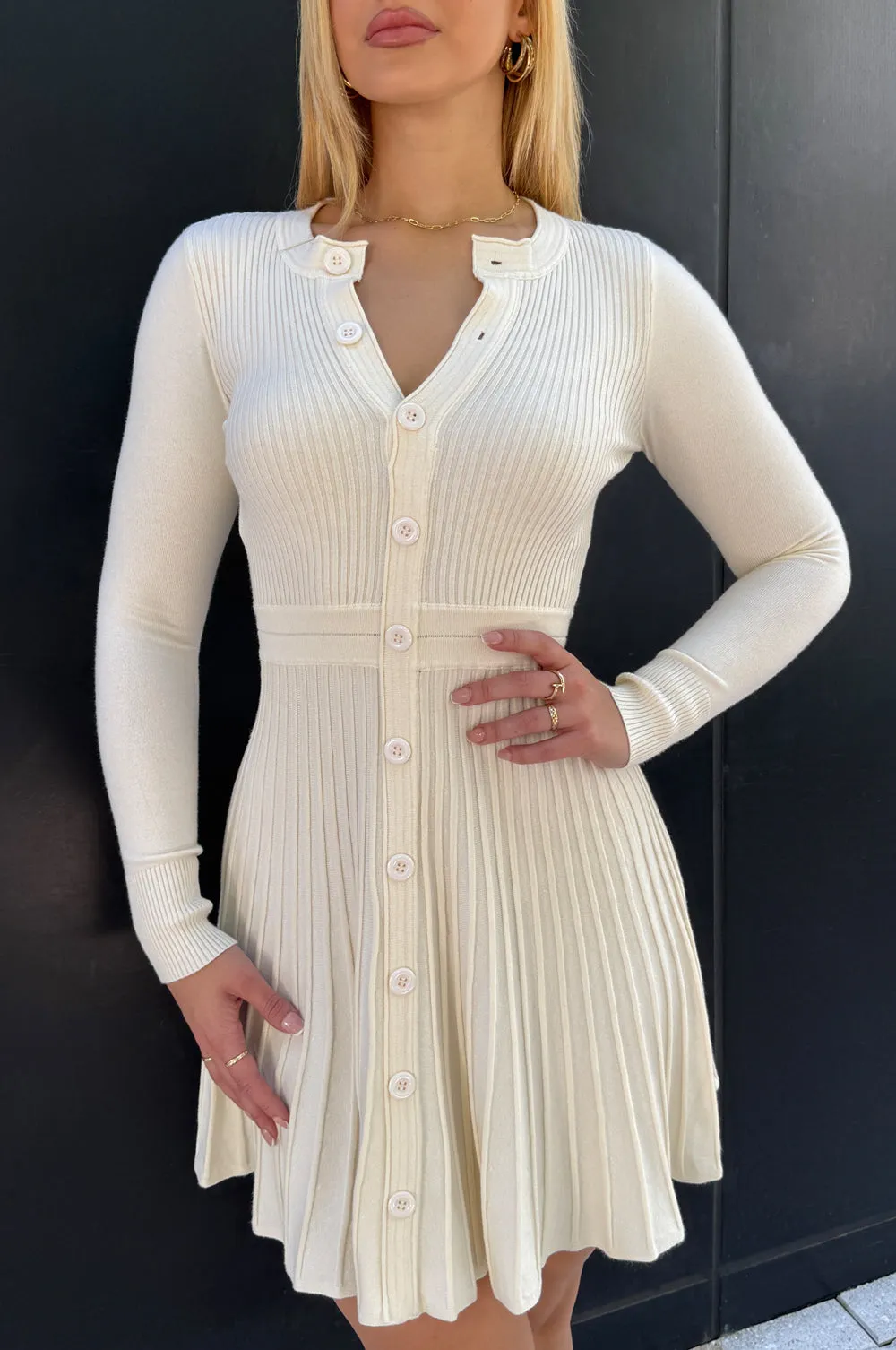 Cream Ribbed Long Sleeve Round Neck Button Down Pleated Dress sold by Hot Miami Styles
