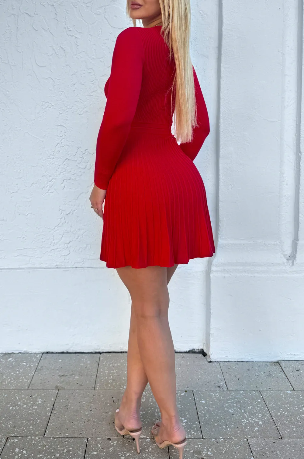 Red Ribbed Long Sleeve Round Neck Button Down Pleated Dress sold by Hot Miami Styles product image thumbnail 2