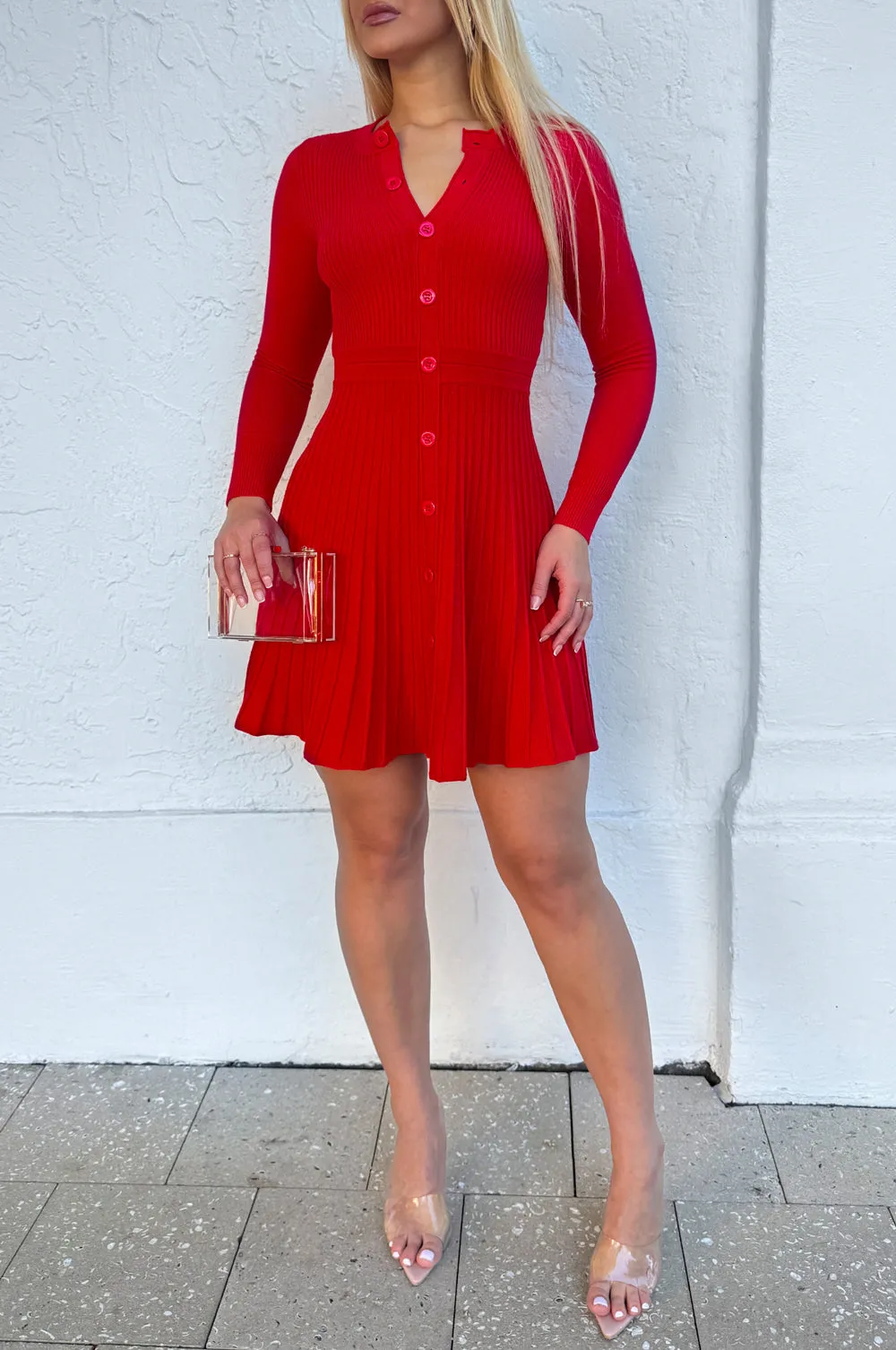 Red Ribbed Long Sleeve Round Neck Button Down Pleated Dress sold by Hot Miami Styles product image thumbnail 3