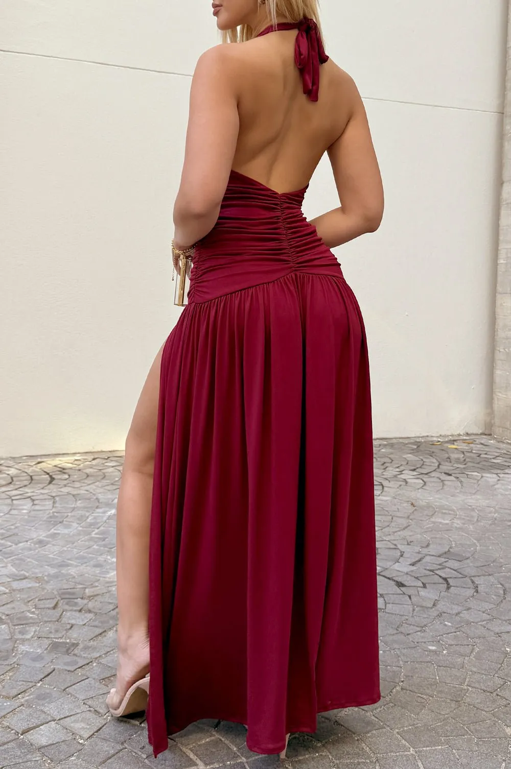 Bordeaux Halter Plunge Ruched Slit Maxi Dress sold by Hot Miami Styles product image thumbnail 2