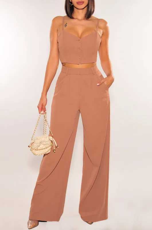 Toffee Spaghetti Strap Button Up Vest Crop High Waist Wide Leg Pants Two Piece Set sold by Hot Miami Styles