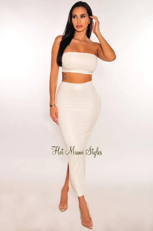 White Latex Snake Bandeau Skirt Two Piece Set sold by Hot Miami Styles