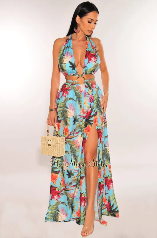 Aqua Tropical Print Padded Halter O-Ring Cut Out Slit Belted Maxi Dress sold by Hot Miami Styles