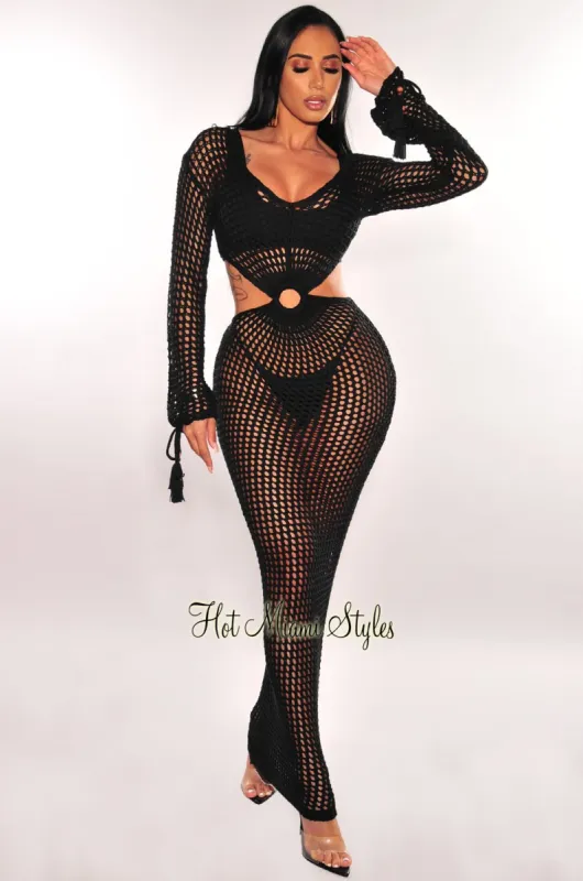 Black Crochet Long Sleeve Cut Out O-Ring Maxi Cover Up Dress sold by Hot Miami Styles
