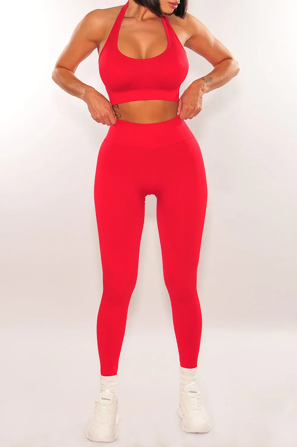 HMS Fit: Red Halter Padded Sports Bra High Waist Scrunch Butt Leggings Two Piece Set sold by Hot Miami Styles product image thumbnail 2