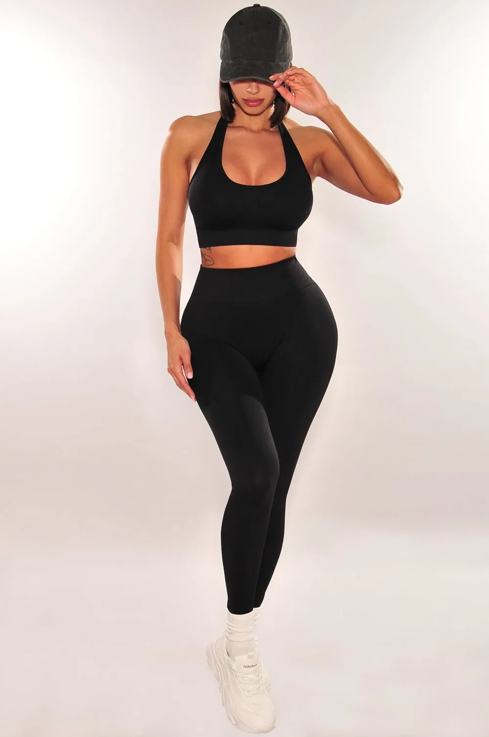 HMS Fit: Black Halter Padded Sports Bra High Waist Scrunch Butt Leggings Two Piece Set sold by Hot Miami Styles product image thumbnail 2