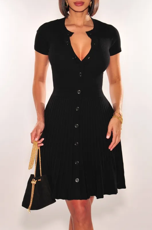 Black Ribbed Short Sleeve Round Neck Button Down Pleated Dress sold by Hot Miami Styles
