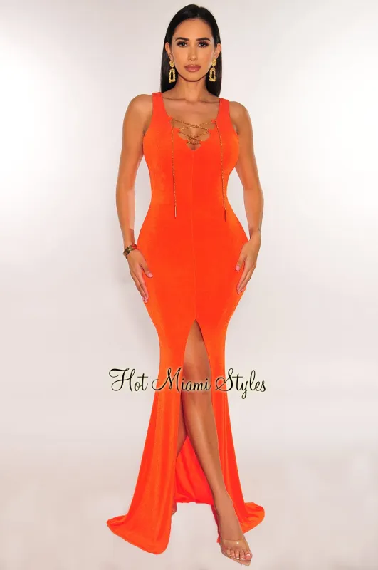 Tangerine Sleeveless Gold Chain Lace Up Slit Gown made by Hot Miami Styles
