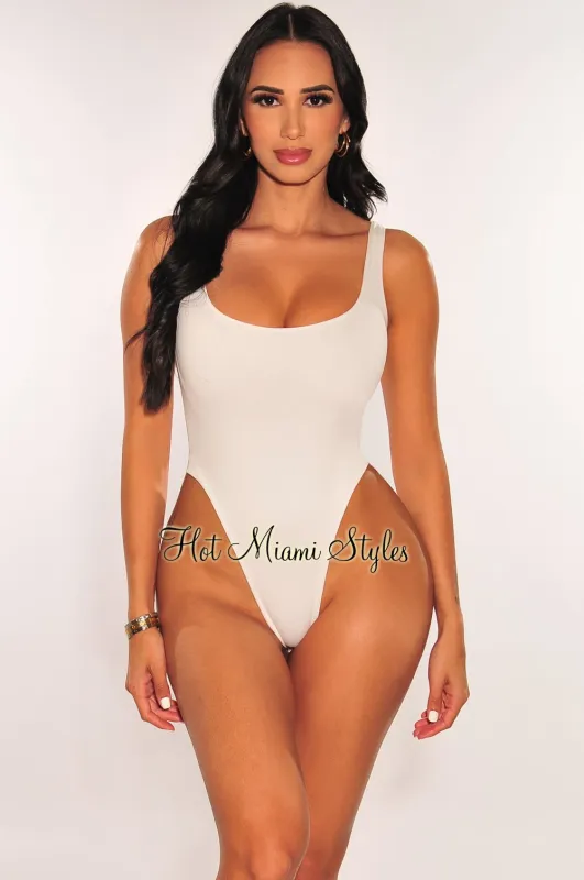 HMS Essential: White Sleeveless Round Neck High Cut Bodysuit sold by Hot Miami Styles