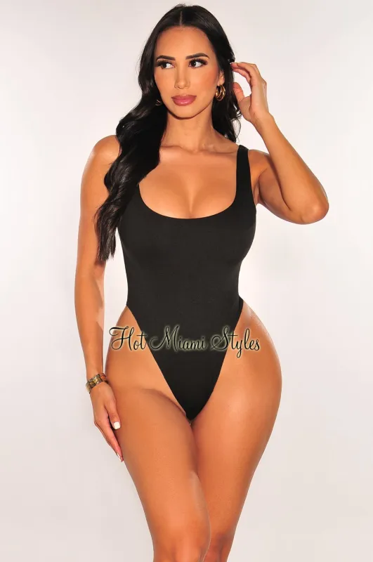 HMS Essential: Black Sleeveless Round Neck High Cut Bodysuit sold by Hot Miami Styles