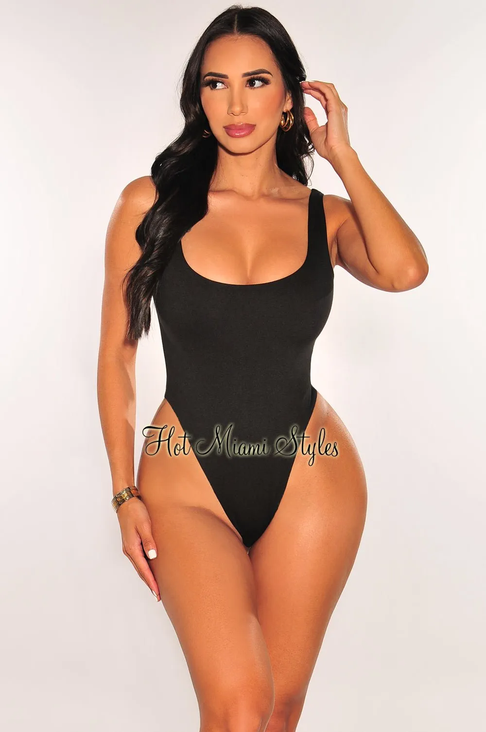 HMS Essential: Black Sleeveless Round Neck High Cut Bodysuit sold by Hot Miami Styles