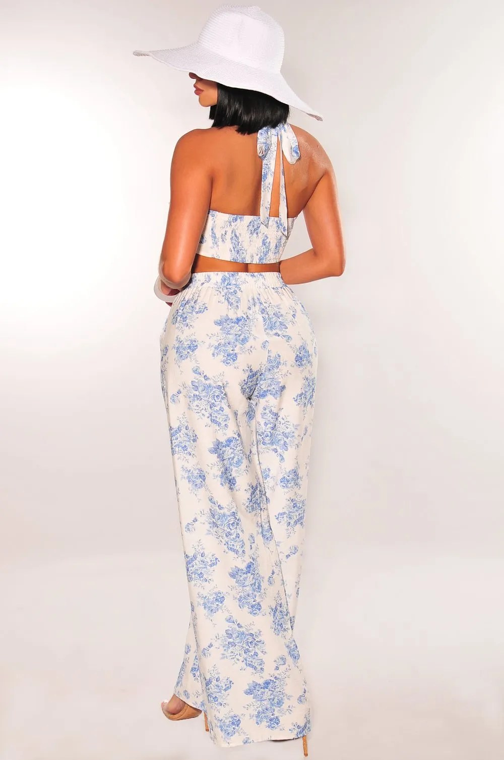 White Blue Floral Linen Halter Crop High Waist Wide Leg Two Piece Pants Set sold by Hot Miami Styles product image thumbnail 2