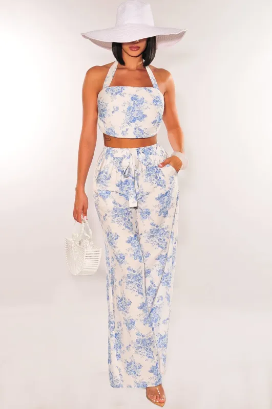 White Blue Floral Linen Halter Crop High Waist Wide Leg Two Piece Pants Set sold by Hot Miami Styles