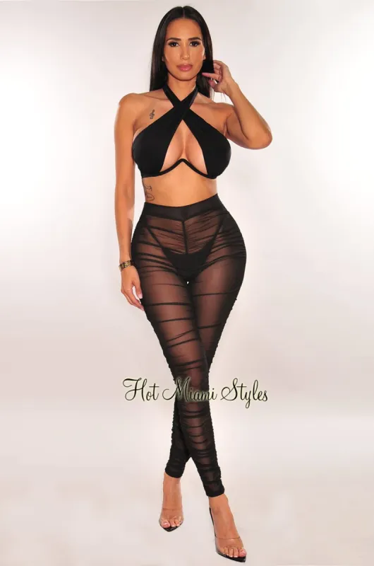 Black Sheer High Waist Ruched Cover Up Pants sold by Hot Miami Styles