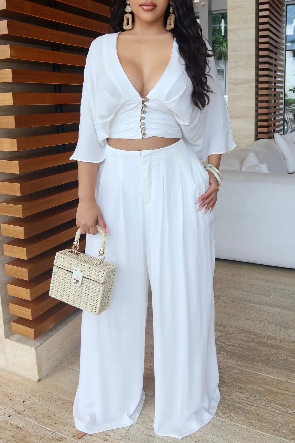 White Linen V Neck Button Down Crop Palazzo Pants Two Piece Set sold by Hot Miami Styles