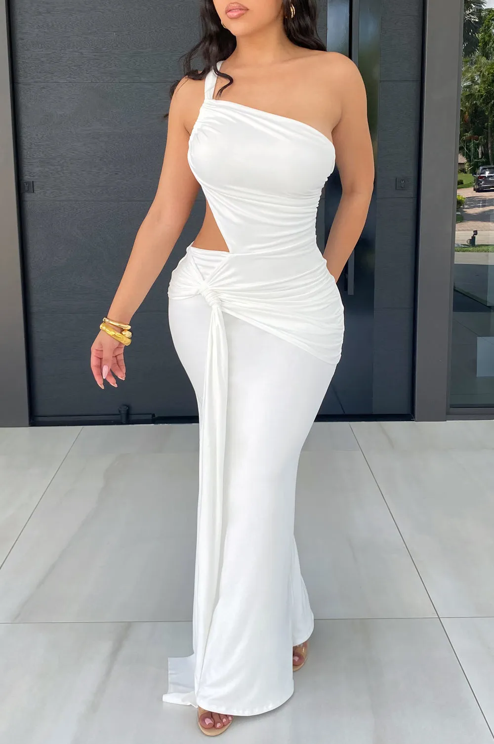 White One Shoulder Cut Out Ruched Maxi Dress sold by Hot Miami Styles