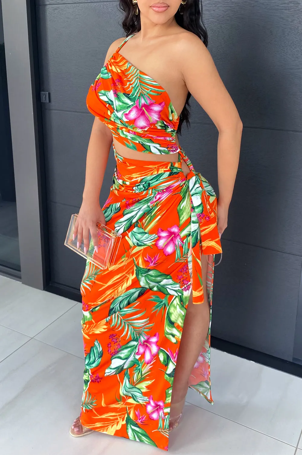 Tangerine One Shoulder Tropical Print Cut Out Slit Maxi Dress sold by Hot Miami Styles