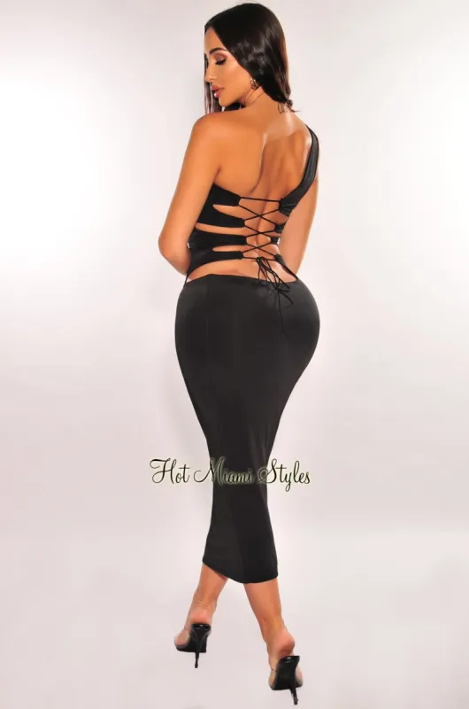 Black Silky One Shoulder Laced Up Back Dress sold by Hot Miami Styles