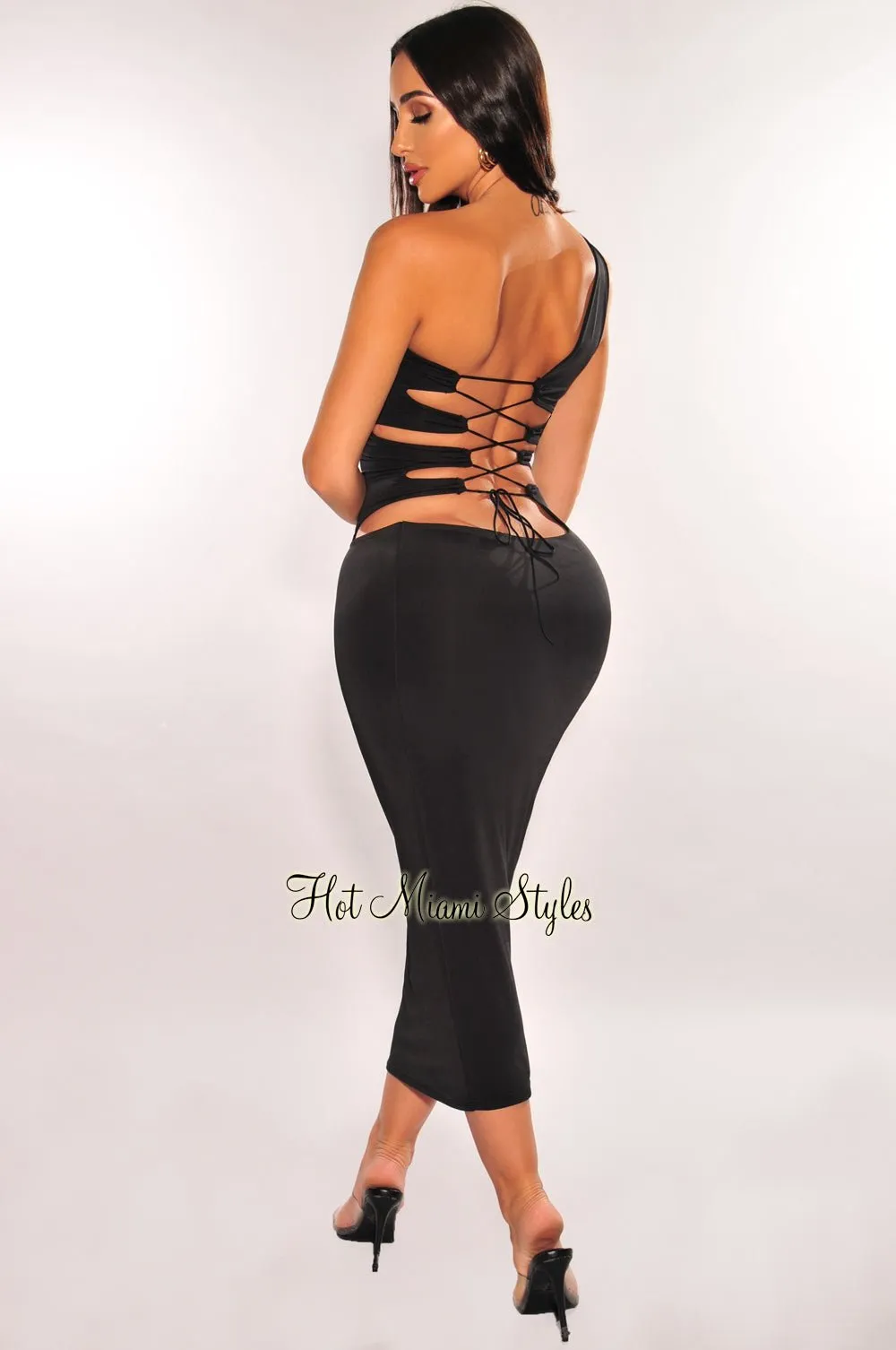 Black Silky One Shoulder Laced Up Back Dress sold by Hot Miami Styles