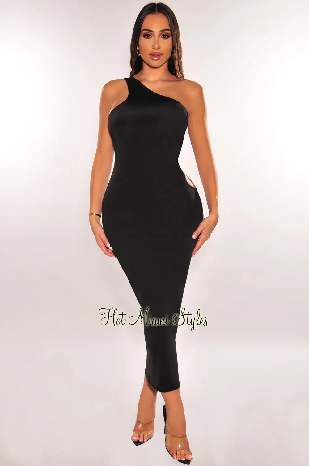 Black Silky One Shoulder Laced Up Back Dress sold by Hot Miami Styles product image thumbnail 2