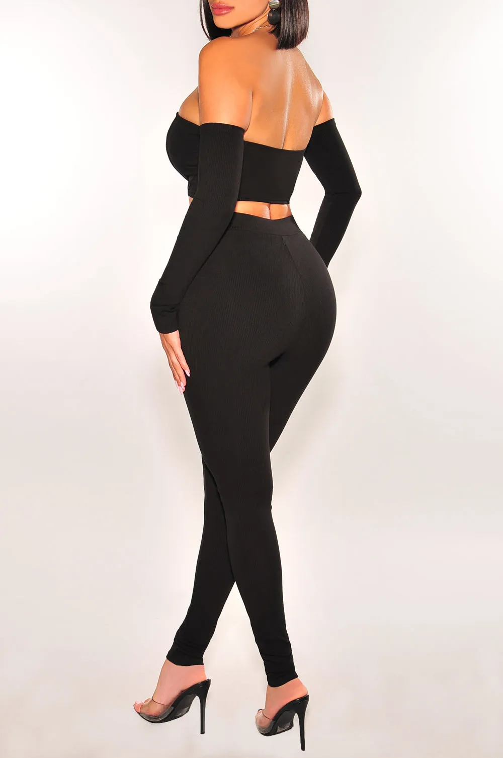 Black Ribbed Off Shoulder High Waist Pants Two Piece Set sold by Hot Miami Styles product image thumbnail 2