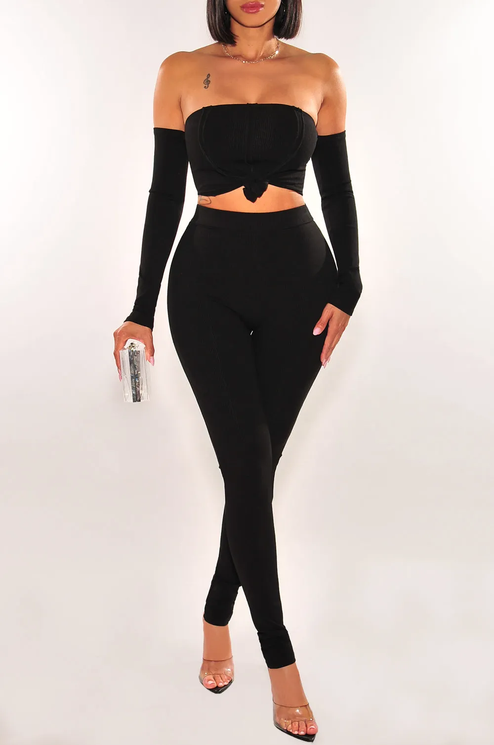 Black Ribbed Off Shoulder High Waist Pants Two Piece Set sold by Hot Miami Styles