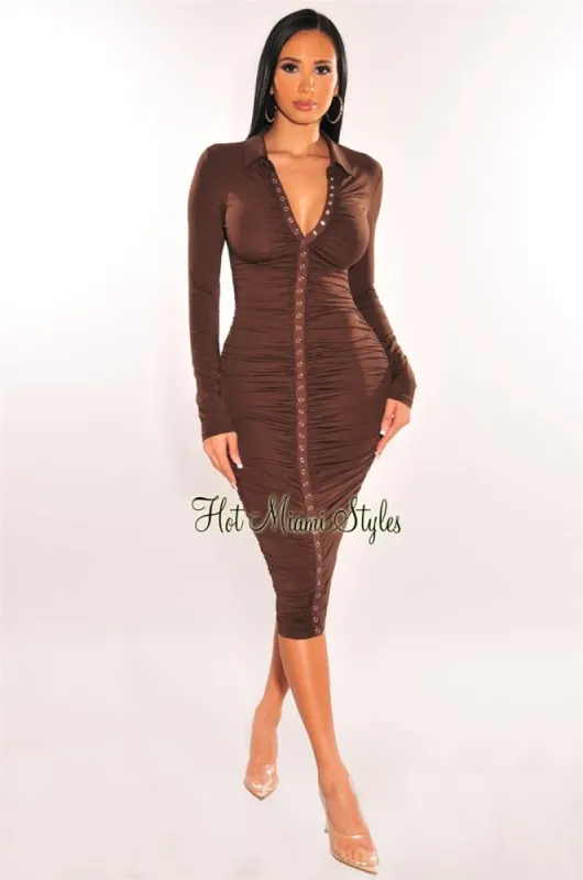 Chocolate Collared Long Sleeve Snap Button Up Ruched Midi Dress sold by Hot Miami Styles