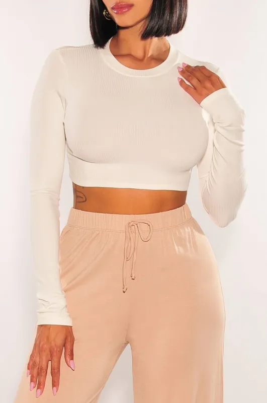 White Ribbed Long Sleeve Cropped Top sold by Hot Miami Styles