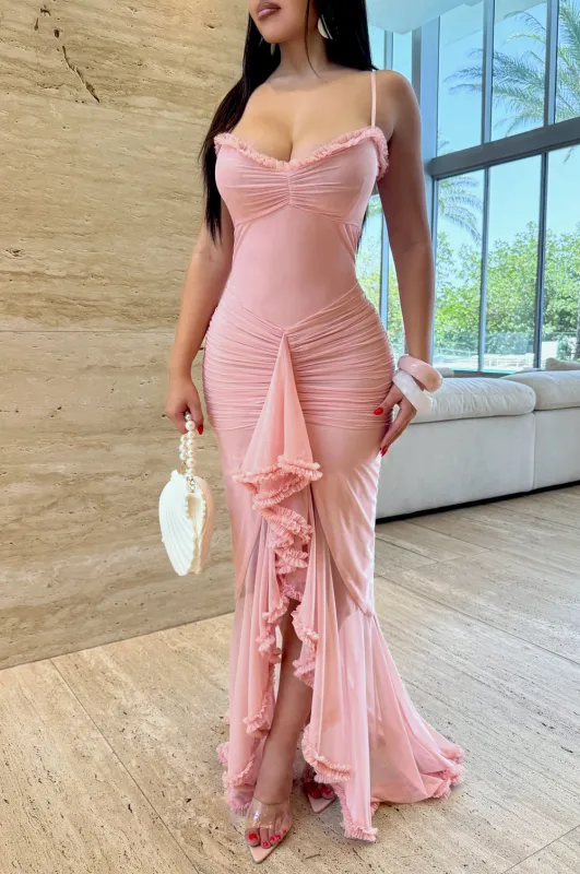 Blush Sweetheart Neckline Draped Ruffle Maxi Dress sold by Hot Miami Styles