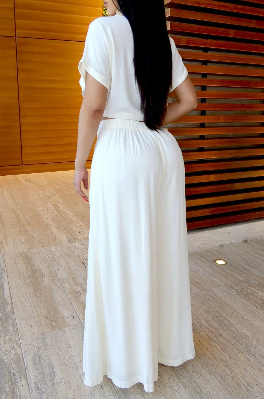 Cream Collared Short Sleeve Tie Up High Waist Wide Leg Two Piece Pants Set sold by Hot Miami Styles product image thumbnail 2