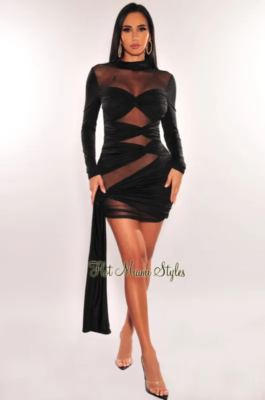 Black Mesh Mock Neck Sheer Cut Out Long Sleeve Dress sold by Hot Miami Styles
