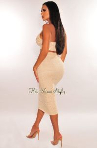 Nude Crochet Knit Halter Skirt Two Piece Set sold by Hot Miami Styles