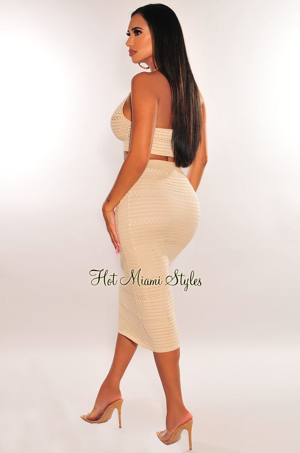 Nude Crochet Knit Halter Skirt Two Piece Set sold by Hot Miami Styles product image thumbnail 2